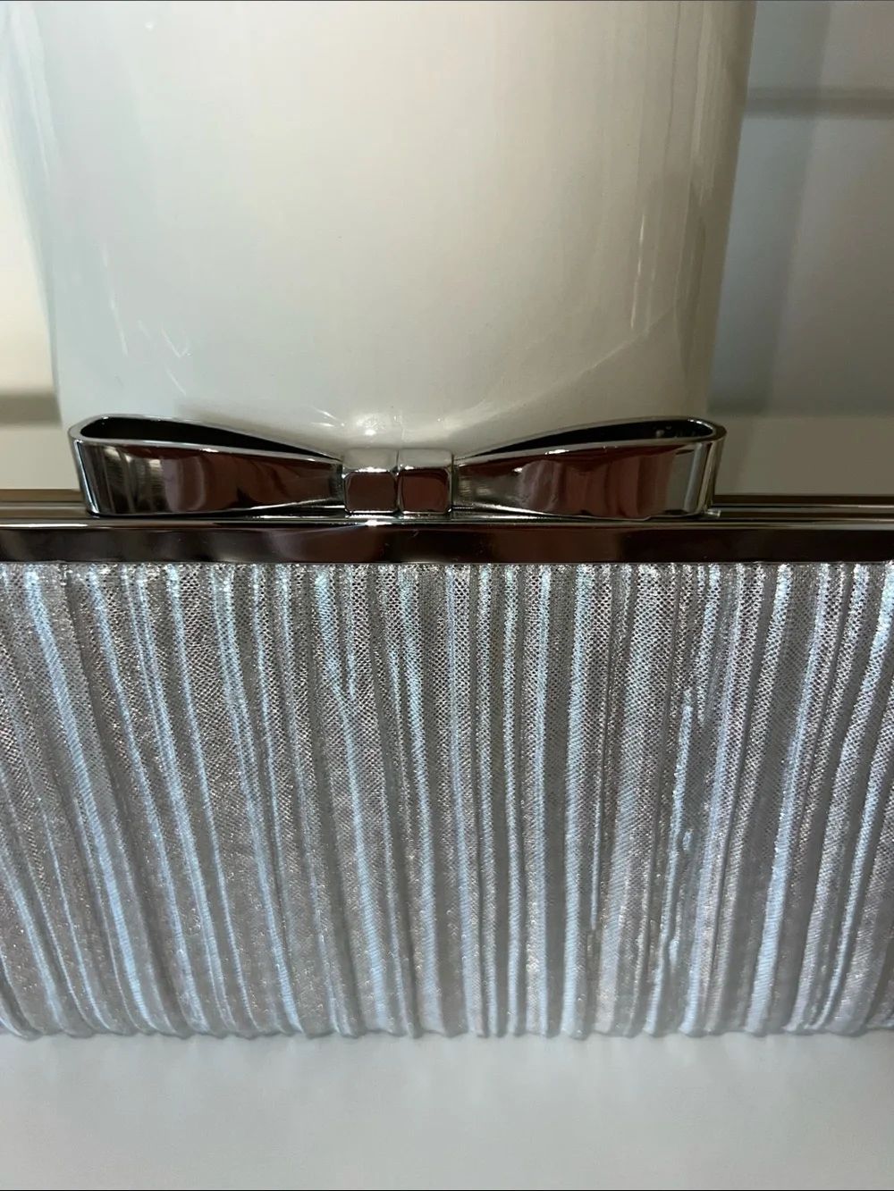Vintage Metallic Silver Pleated Evening Clutch with Bow Clasp